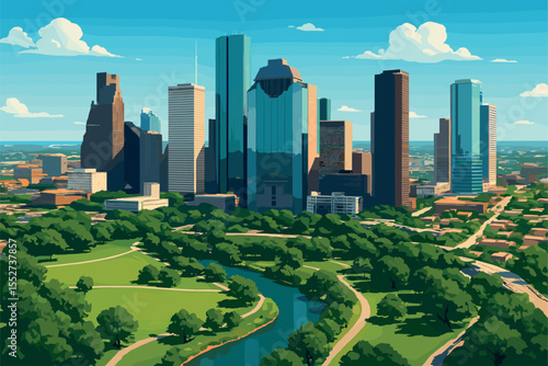 Houston cityscape with skyscrapers and green spaces under clear Texas sky