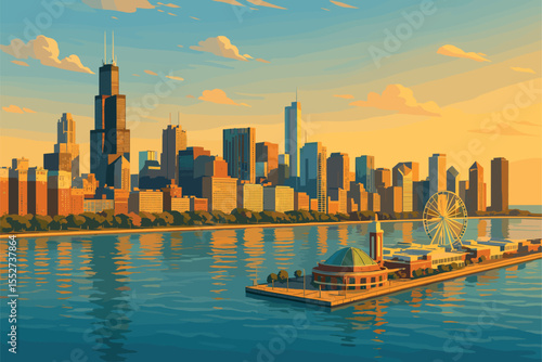 Morning Chicago skyline with Navy Pier and calm Lake Michigan waters