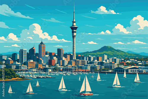 Auckland cityscape with Sky Tower, harbor and volcanic hills view