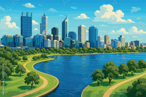 Daytime Perth skyline with Swan River and green waterfront parks