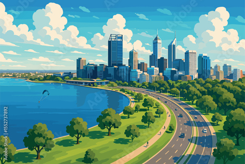 Daytime Perth skyline with Swan River and green waterfront parks