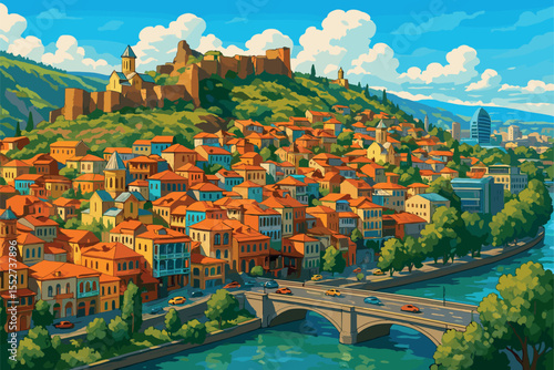 Tbilisi panorama with colorful hillside houses, river and fortress