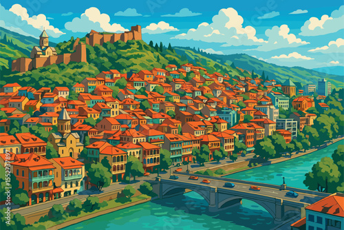 Tbilisi panorama with colorful hillside houses, river and fortress