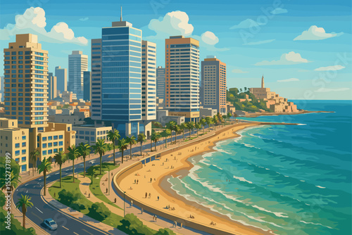 Coastal Tel Aviv panorama with beachfront, modern towers and old Jaffa