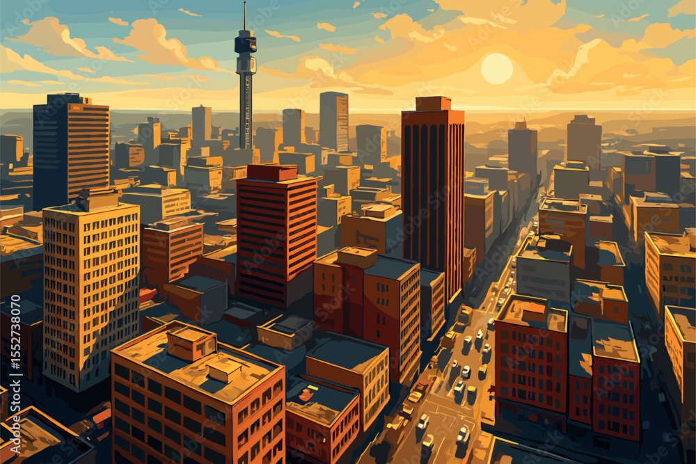 Naklejka premium Dynamic Johannesburg cityscape with high‑rises and golden sunlight