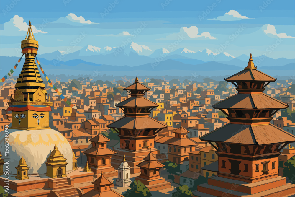 Fototapeta premium Panoramic Kathmandu daylight scene with temples and Himalayan haze