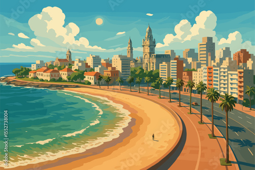 Sunny Montevideo coastal panorama with beaches and promenades