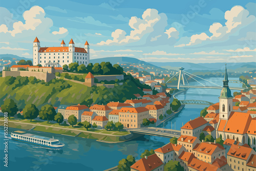Scenic Bratislava panorama with castle, Danube River and old town