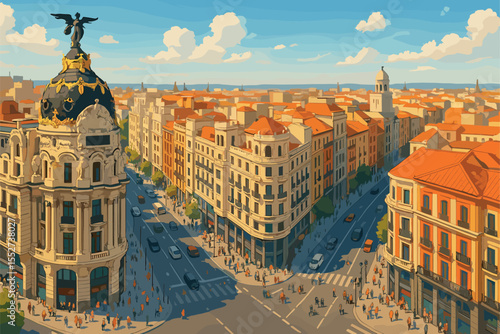Lively Madrid afternoon panorama with Gran Vía and red rooftops