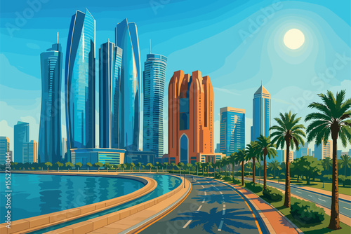Modern Abu Dhabi skyline with skyscrapers and palm‑lined promenade