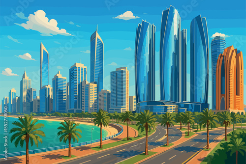 Modern Abu Dhabi skyline with skyscrapers and palm‑lined promenade
