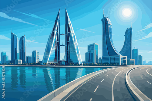Sleek Manama skyline with futuristic towers and blue waters