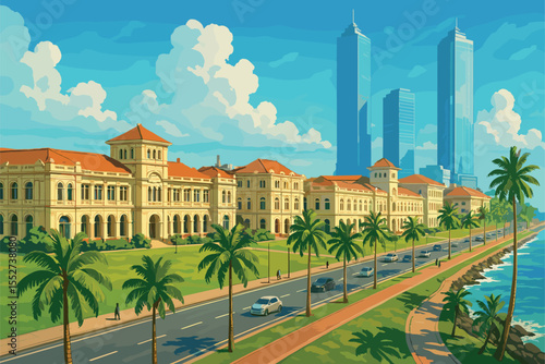 Tropical Colombo panorama with colonial facades and ocean breeze