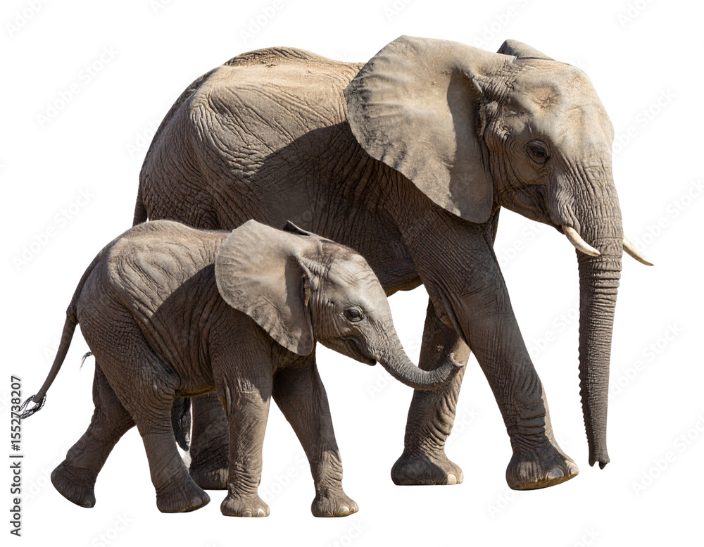 Obraz premium Baby Elephant Holding Tail of Mother While Walking, isolated on a transparent background.