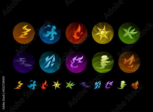 set of nature magic element symbol in button skills. fire, water, thunder, sun, plant, ice, wind, earth, shadow elemental