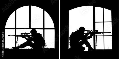 Sniper Taking Aim with a Rifle from a Window Silhouette