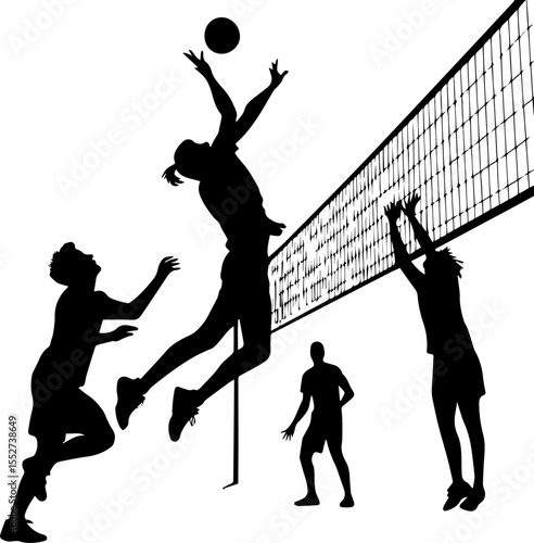 Volleyball Players Spiking the Ball at the Net Silhouette