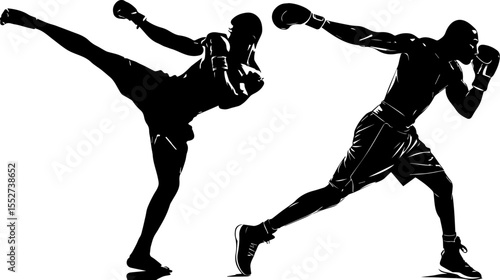 Kickboxer and Boxer in Dynamic Kicking and Punching Poses Silhouette