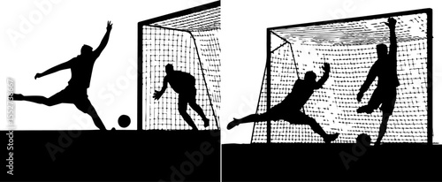 Soccer Penalty Kick with Goalkeeper and Shooter Silhouette Set