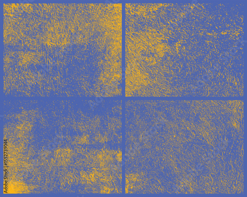 A textured abstract design in shades of blue and gold, segmented into a four-panel grid. The rough texture creates a unique visual impact, offering depth and visual interest.