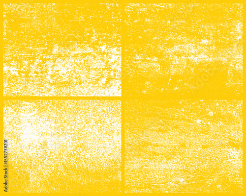 An abstract image featuring a vibrant yellow backdrop overlaid with a distressed, textured white pattern. The design is divided into four distinct sections, creating a unique visual.