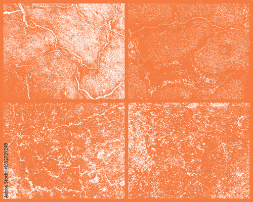 Four orange and white textures are arranged in a grid. The textures feature cracked, weathered patterns, creating a distressed and aged effect across the entire image.