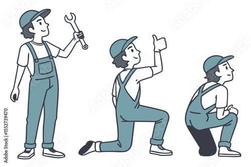 Mechanic Character Turnaround Sheet. Vector Auto Service Worker Sprite for Animation. Front, Side, and Back View Garage Model Sheet