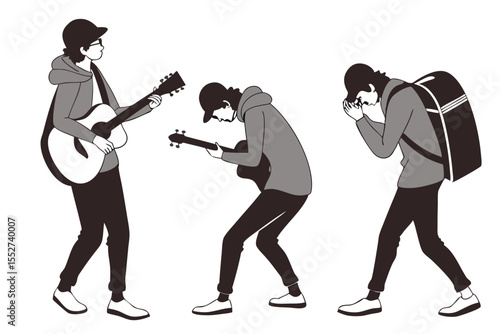 Musician Character Turnaround Sheet. Vector Guitar Player or Singer Sprite for 2D Animation. Front, Side, and Back View Artist Model Sheet