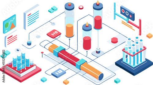 Flat infographic of medical data flow: laboratory samples, test tubes, and bar-chart results linked by a network of glowing lines.