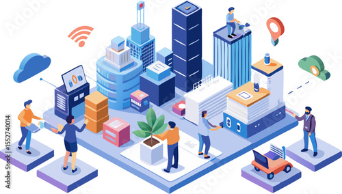 Flat isometric illustration of engineers building a smart city model: skyscrapers with sensors on roofs, data towers, and people collaboratively connecting nodes.