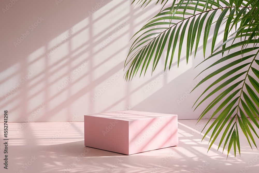 Fototapeta premium Pink Cube Display with Palm Leaf Shadows Minimalist Product Photography Background
