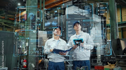 工場でホログラムのコントロールパネルを見るエンジニアのグループ