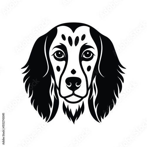A black and white tattoo art silhouette illustration of an English Setter face.eps