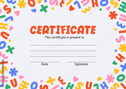 Template of simple colorful modern minimalist cute design of kids certificate or diploma with geometric shapes on light background, vector illustration, flat style