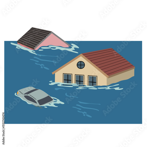 Flooded city scene illustration with submerged buildings, houses, and cars