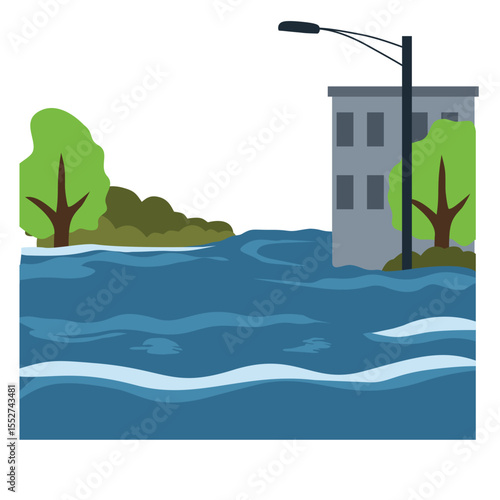 Flooded city scene illustration with submerged buildings, houses, and cars