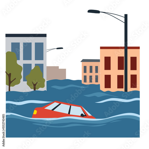 Flooded city scene illustration with submerged buildings, houses, and cars