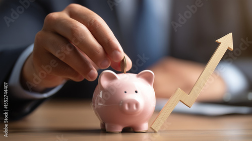 Businessman hand on piggy bank with growth up arrow, saving money wealth and financial concept, Business, finance, investment, Financial planning. Interest rate financial. Investment returns.