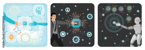Human and Robotic Collaboration. Utilization of AI in Global Business. Robot Hand Voice Chats.