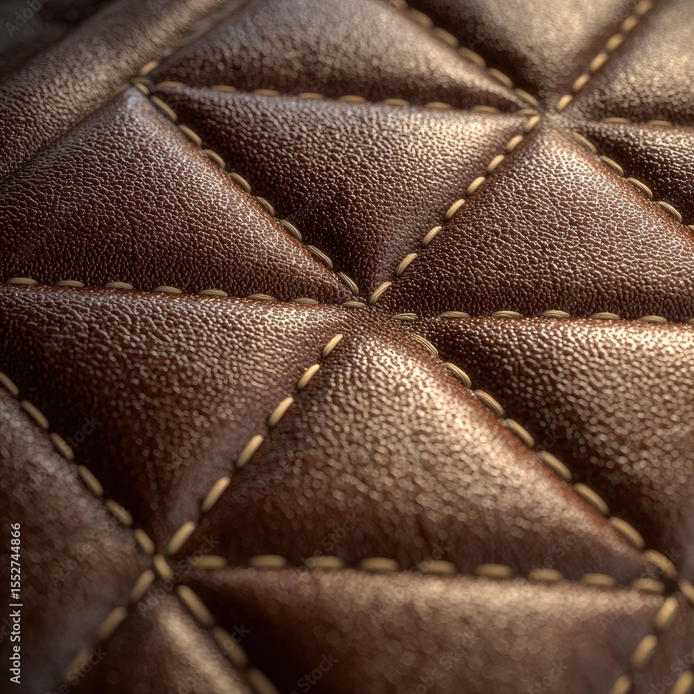 Naklejka premium Close-up of rich brown leather with a quilted, diamond-stitched pattern. The texture is prominent, showcasing the leather's grain and the subtle light catching the stitching