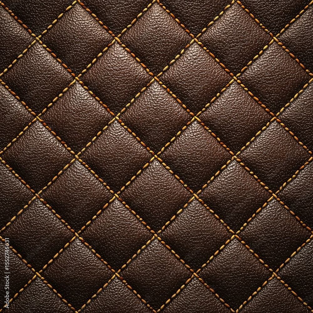 Fototapeta premium Dark brown leather texture with diamond stitching pattern, accented by thin, gold-toned thread