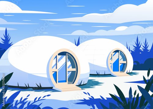 Eco-Retro Futurism with Biomorphic Architecture in Serene Blue Landscape for Sustainable Living Blogs, Design Websites, and Environmental Awareness Articles  