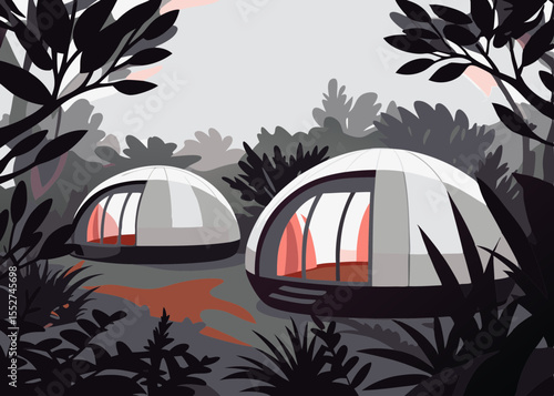 Eco-Retro Futuristic Bioluminescent Homes in Surreal Jungle Setting for Design Blogs, Environmental Awareness, Sustainable Living Websites, and Futuristic Architecture Education  