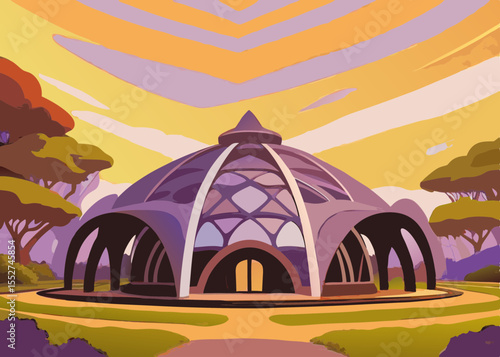 Eco-Retro Futurism with Biomorphic AI Surrealism Depicting a Geodesic Dome in a Vibrant Landscape for Architecture Blogs, Design Websites, and Eco-Awareness Content  