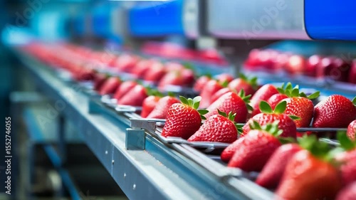 Automated strawberry sorting on conveyor belt in modern food processing facility