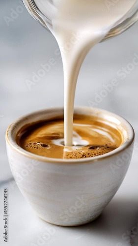 Creamy white milk is poured into a small beige cup of coffee. The coffee has a light brown color and a foamy texture. The scene is shot from a high angle with a bright, neutral background.