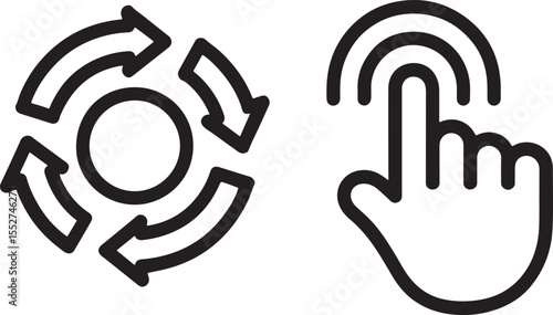 Circular Arrows and Finger Icon Displaying Technology and Interactivity Black and White for Website and Social Media Content