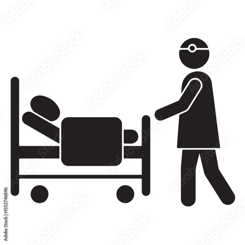 Simple icon illustration of a patient in bed being moved by a doctor or nurse