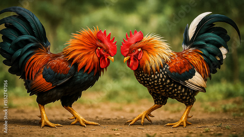 Two brightly colored ornamental roosters staring at each other with intense alertness.