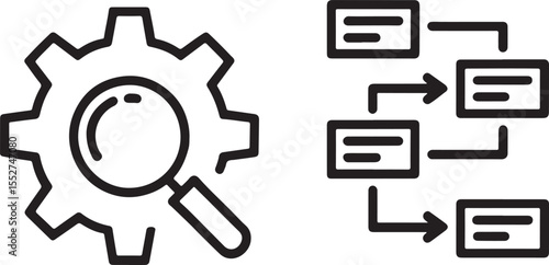 Technical Analysis Flowchart and Magnifying Glass with Gear Depicting Systematic Examination of Processes and Infrastructure with Engineering Precision